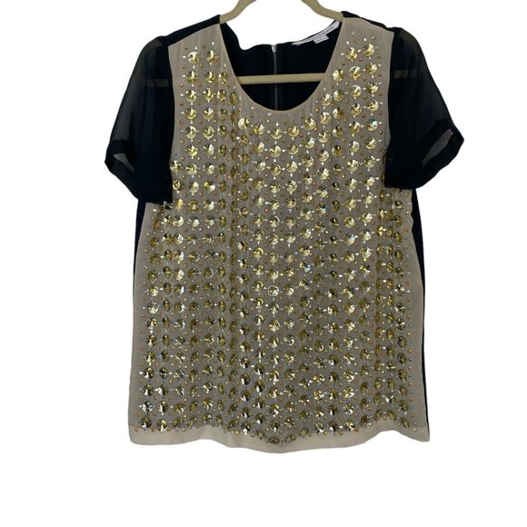 DIANE VON FURSTENBERG Blue Silk Rounded Crystal Embellished Gidget Top Size 12 - Picture 2 of 8